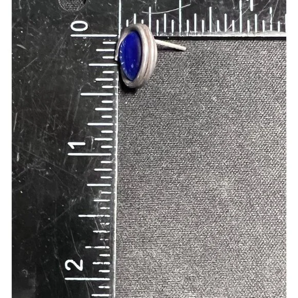 Vintage Modernist Sterling Silver Blue Cat's Eye Stud Earrings Oval Cabochon - Picture 10 of 10